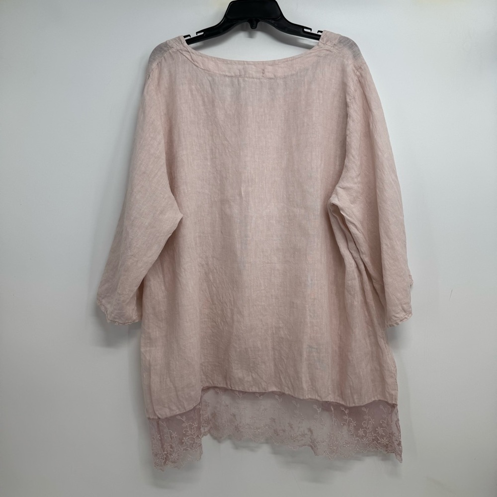 Stella Martini Women’s Size 1X Blush Pink Linen Tunic Top Lace Hem Scoop Neck - Picture 2 of 9